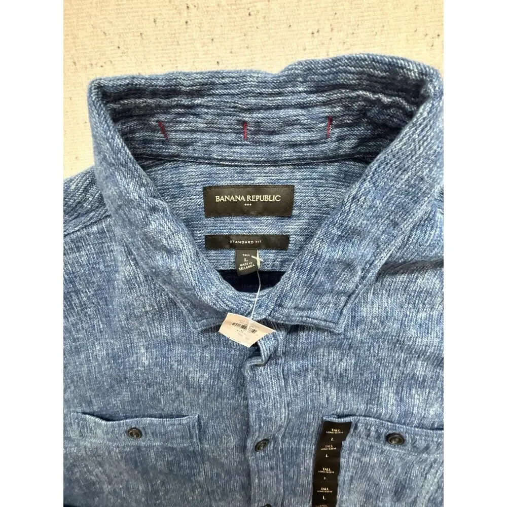 NWT Banana Republic Mens L Tall Button Up Shirt Indigo Blue Slub Chambray $75